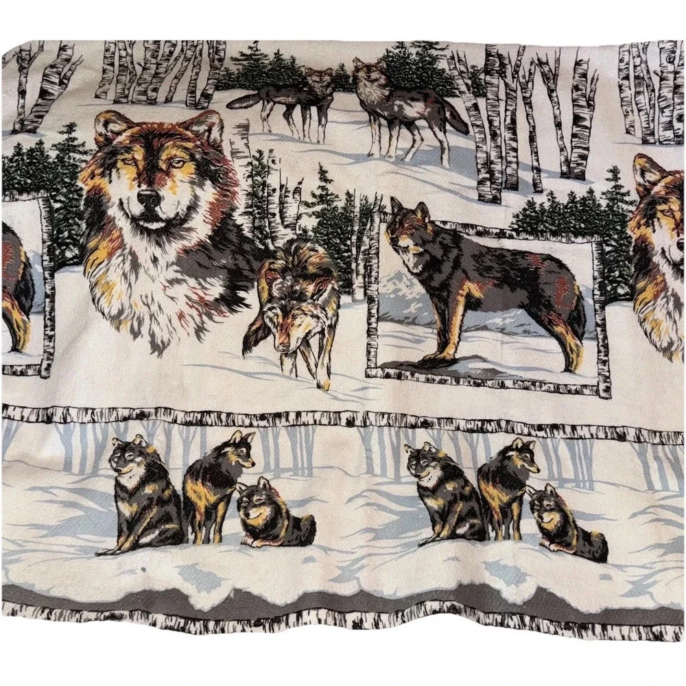 Vtg Blanket Wolves Acrylic Stiff Winter Wooded Scene Birch Trees 60 X 86
